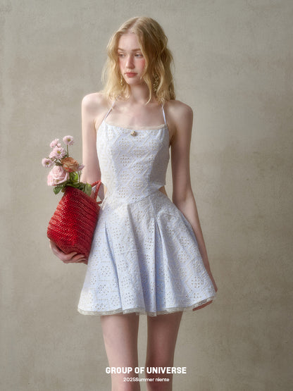 Eyelet Embroidered Backless Halter Dress