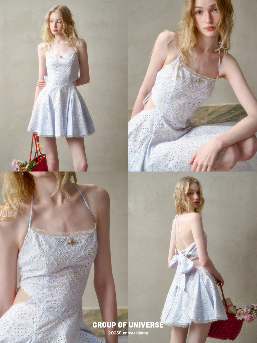 Eyelet Embroidered Backless Halter Dress