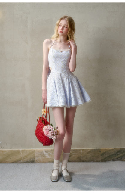 Eyelet Embroidered Backless Halter Dress