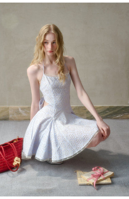 Eyelet Embroidered Backless Halter Dress