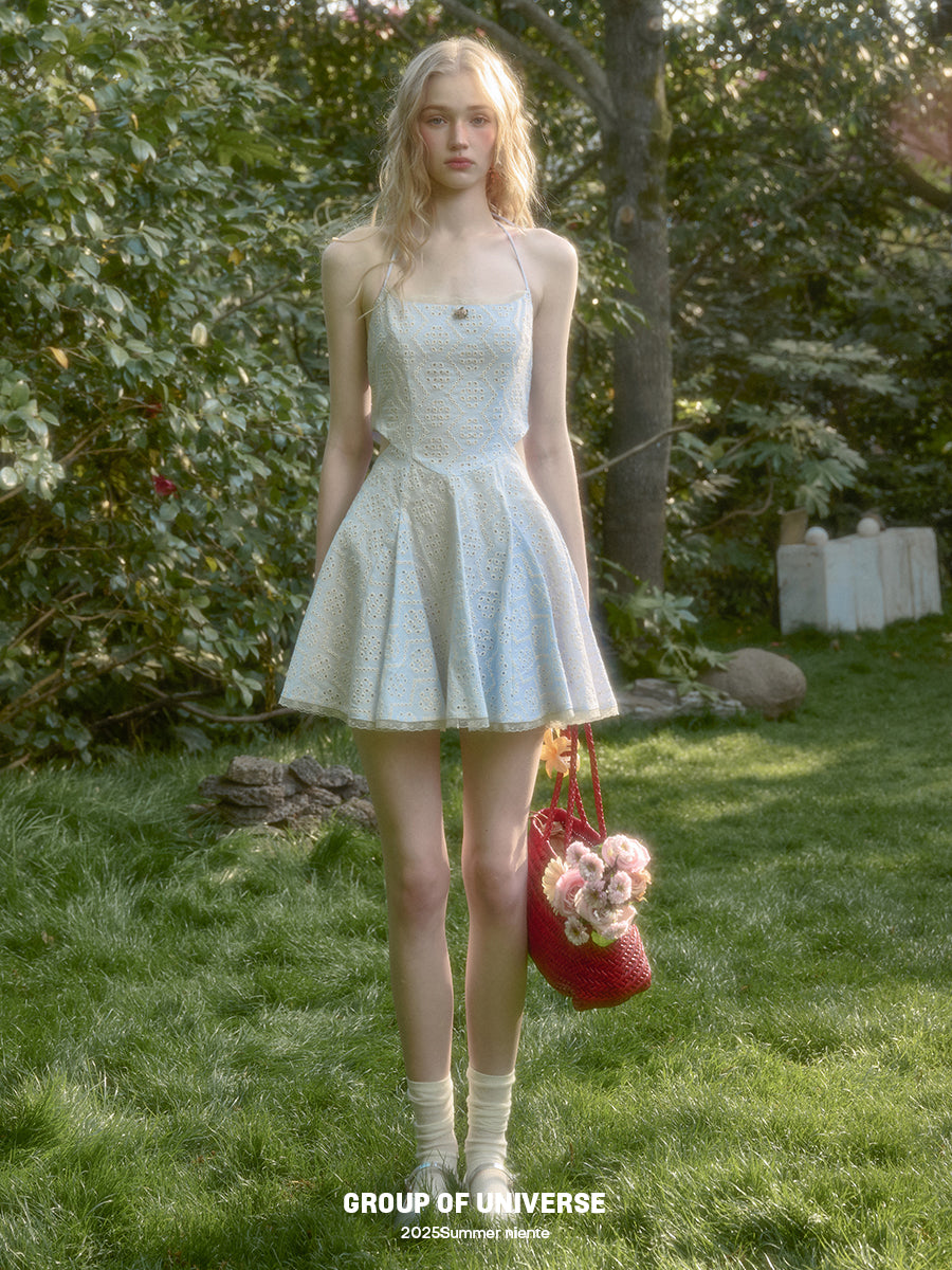 Eyelet Embroidered Backless Halter Dress