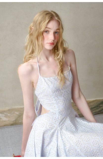 Eyelet Embroidered Backless Halter Dress