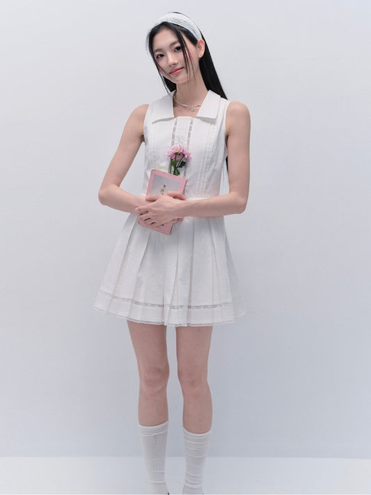 Collared Pin-Tuck Dress With Pleated Skirt