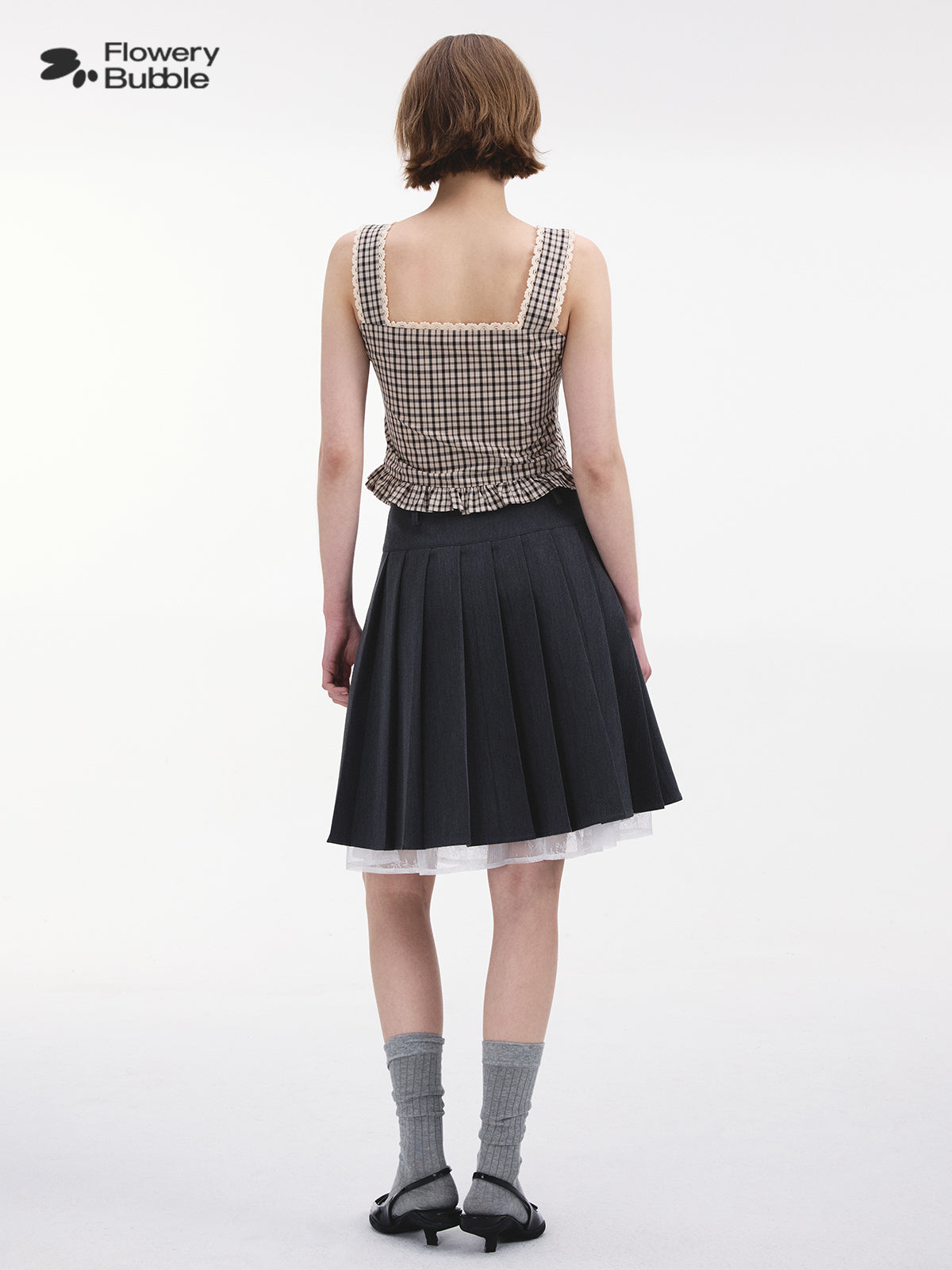 Pleated Side-Slit Skirt With Lace Underlay