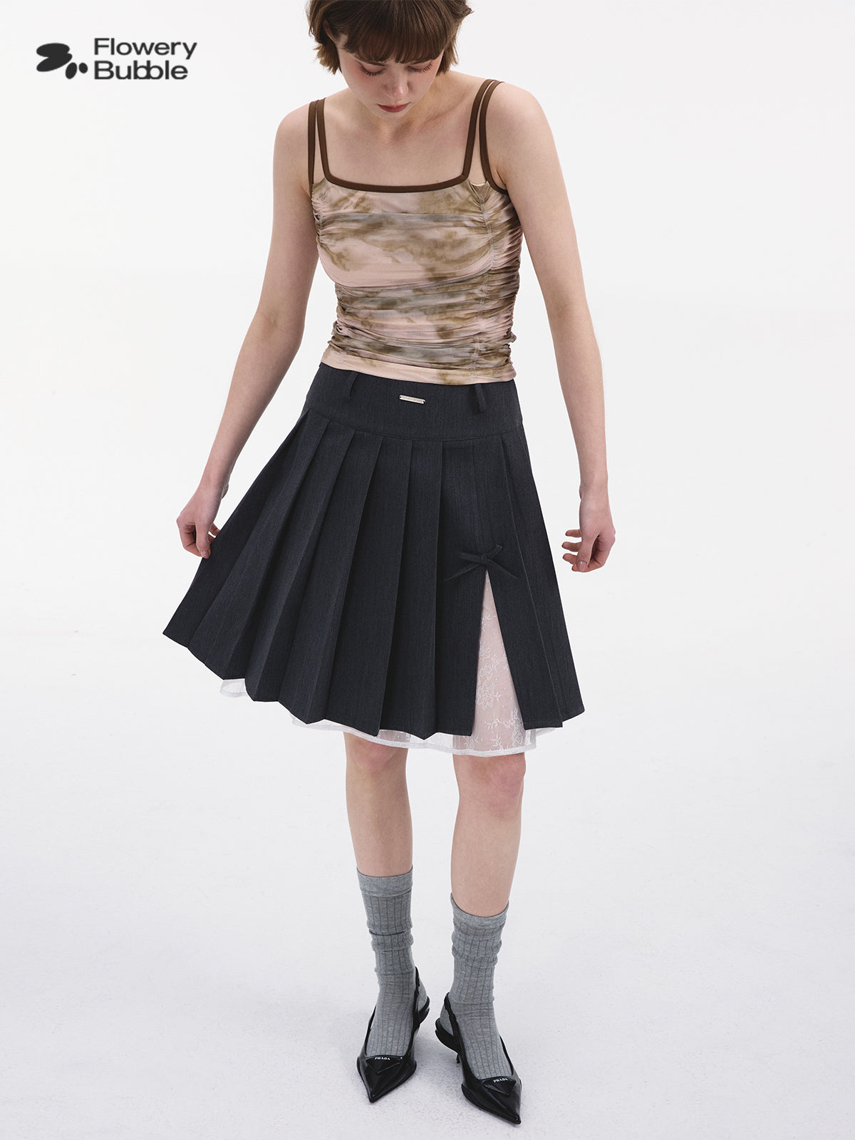 Pleated Side-Slit Skirt With Lace Underlay