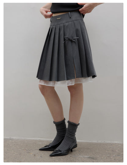 Pleated Side-Slit Skirt With Lace Underlay