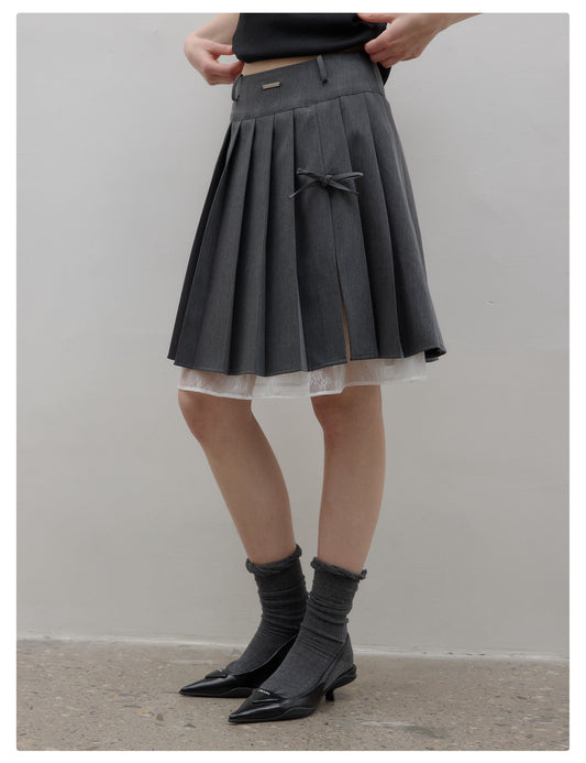 Pleated Side-Slit Skirt With Lace Underlay