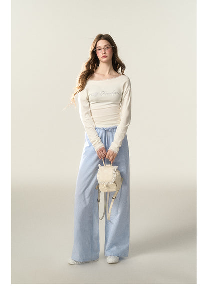 Wide-Leg Striped Cotton Blend Drawstring Pants