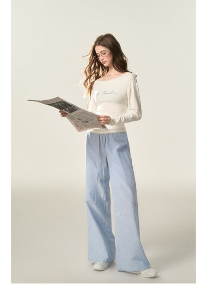 Wide-Leg Striped Cotton Blend Drawstring Pants
