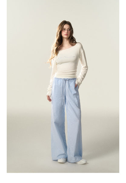 Wide-Leg Striped Cotton Blend Drawstring Pants