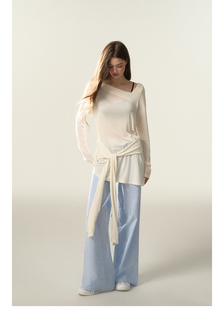 Wide-Leg Striped Cotton Blend Drawstring Pants