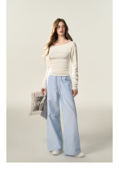 Wide-Leg Striped Cotton Blend Drawstring Pants