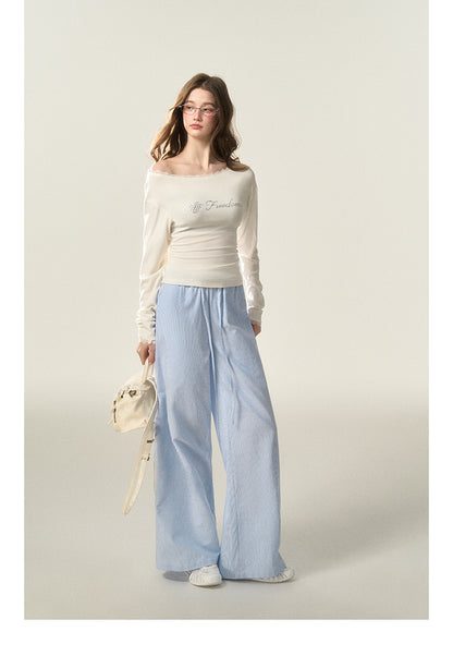 Wide-Leg Striped Cotton Blend Drawstring Pants