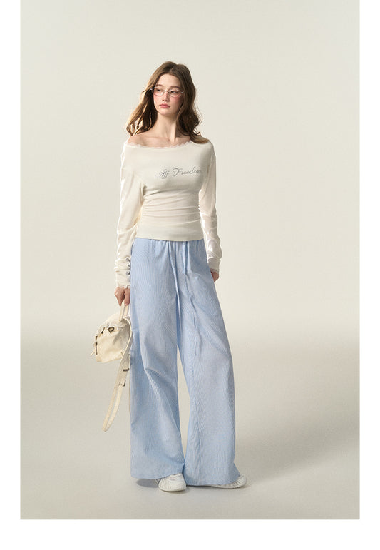 Wide-Leg Striped Cotton Blend Drawstring Pants