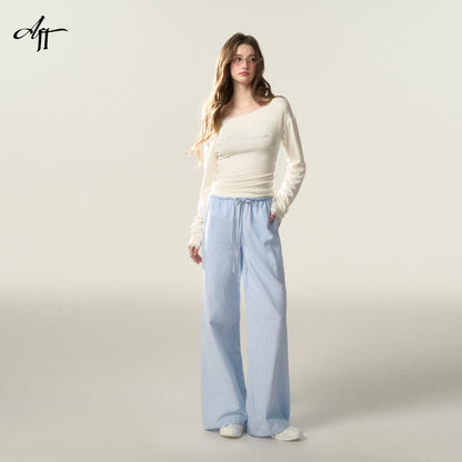 Wide-Leg Striped Cotton Blend Drawstring Pants