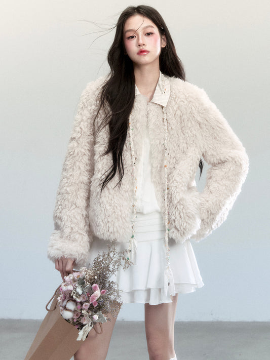 Faux Fur Jacket With Striped Shirt Collar