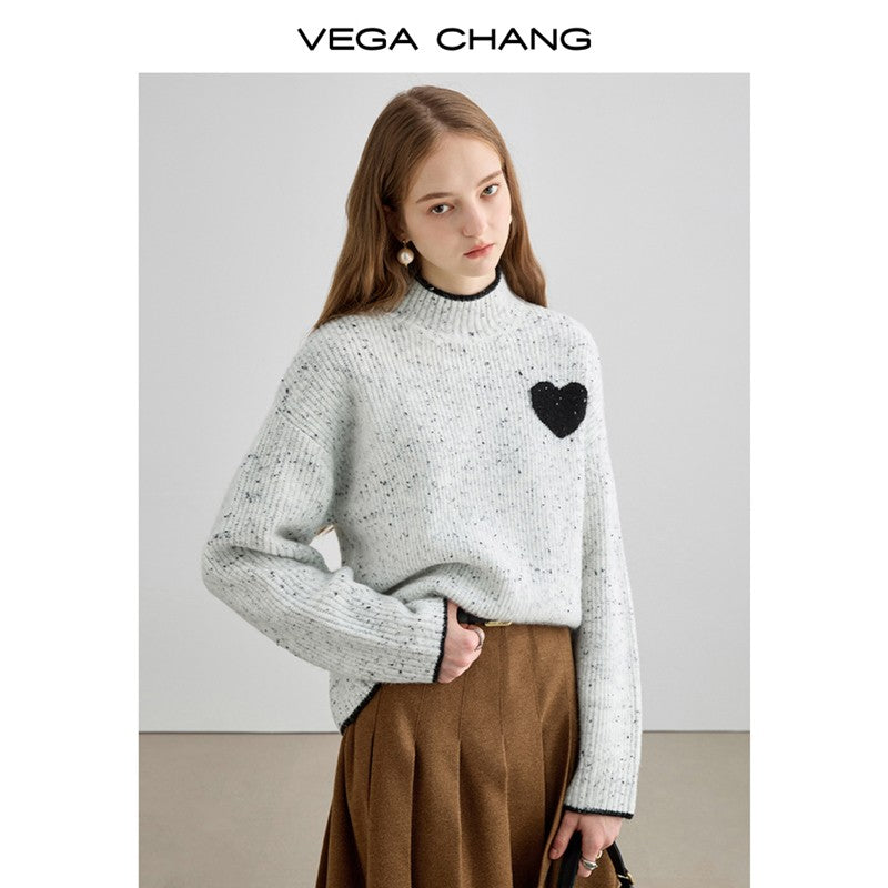 Heart Accent Tipping High Neck Melange Sweater