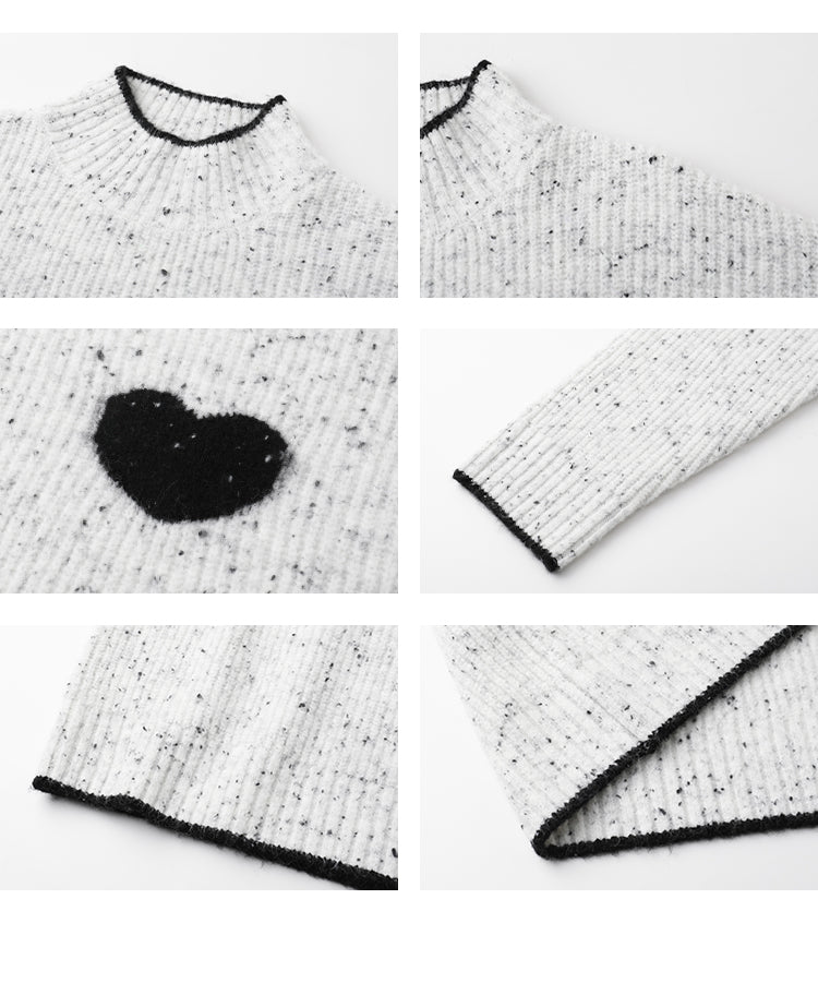 Heart Accent Tipping High Neck Melange Sweater