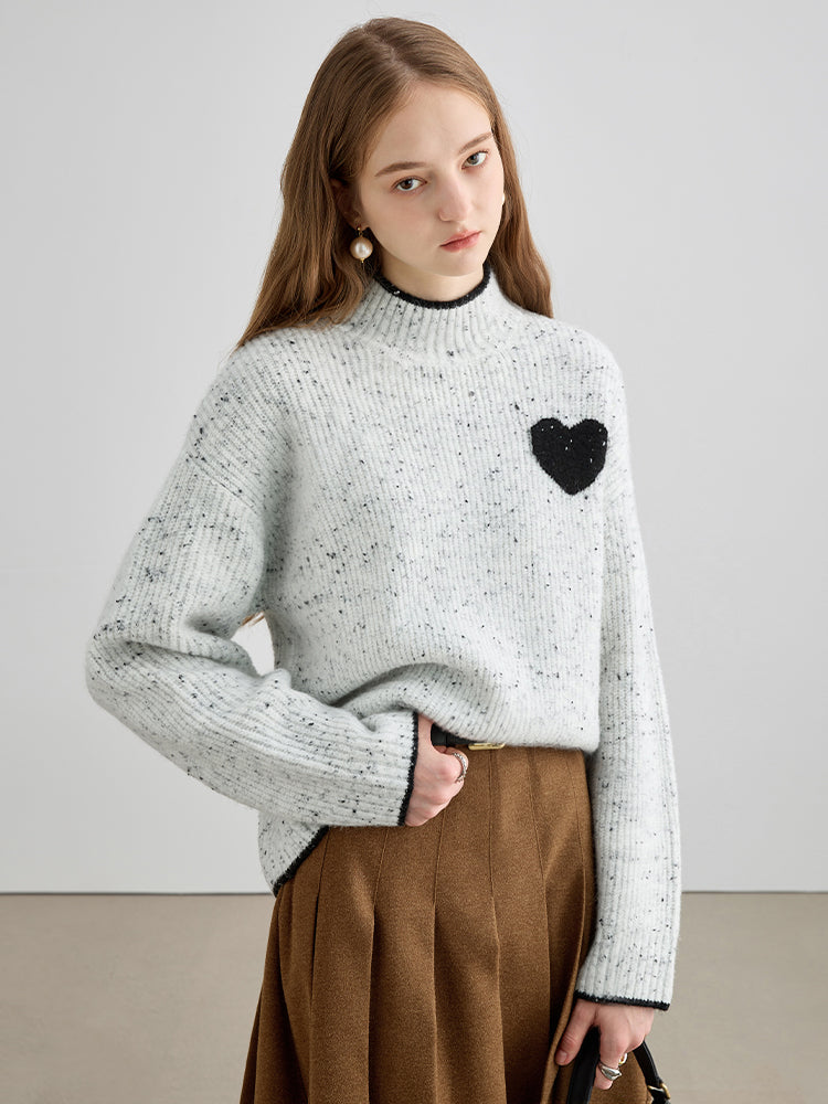 Heart Accent Tipping High Neck Melange Sweater