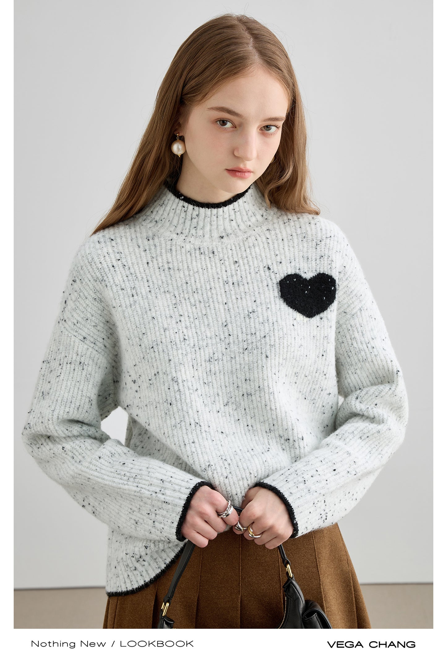 Heart Accent Tipping High Neck Melange Sweater