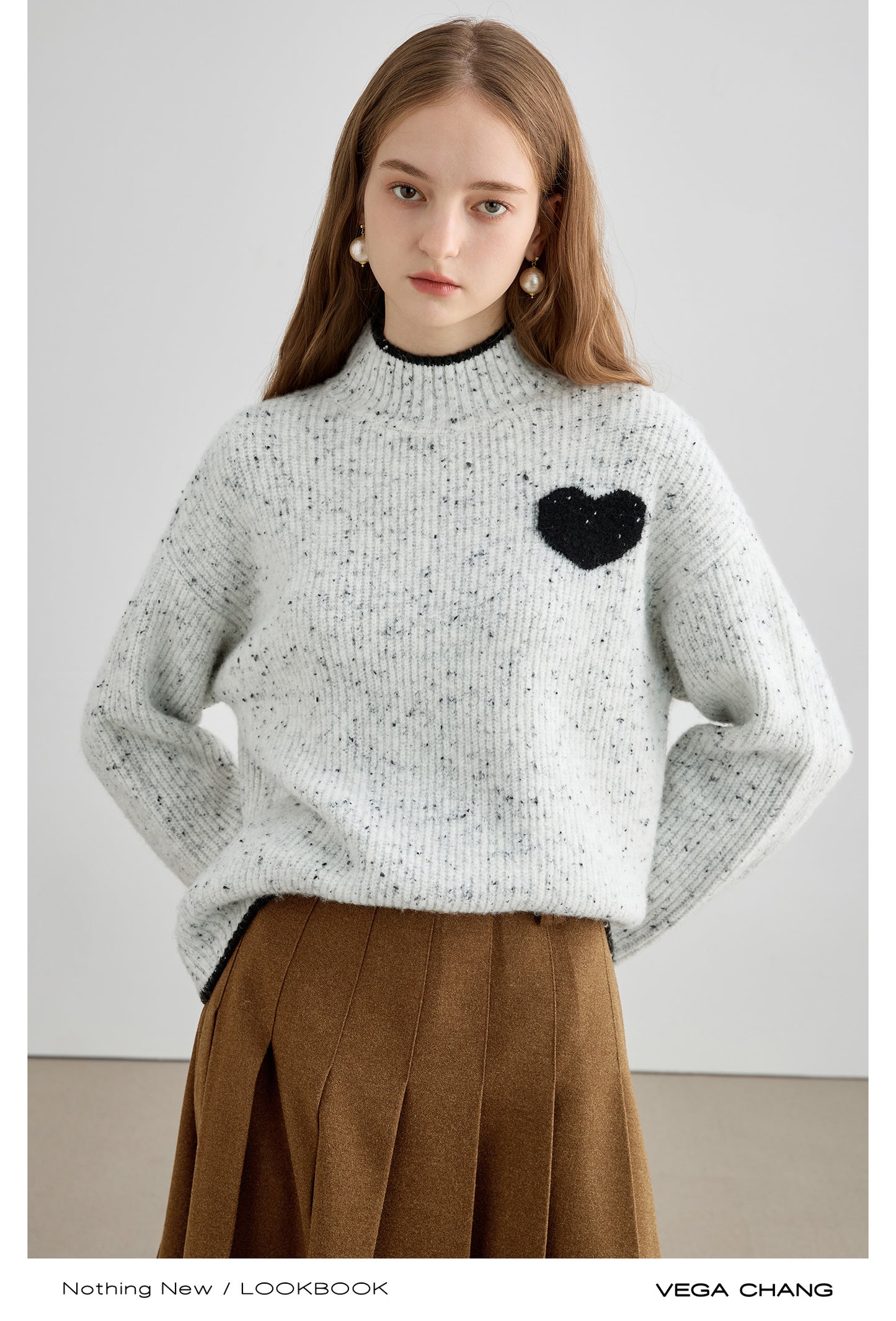 Heart Accent Tipping High Neck Melange Sweater