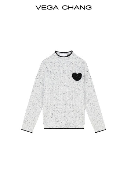 Heart Accent Tipping High Neck Melange Sweater