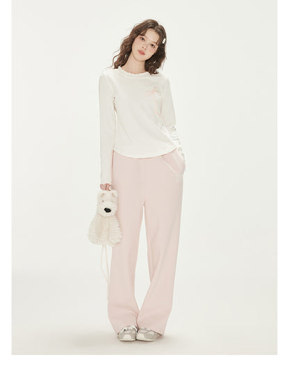 Ribbon Bow Motif Lettuce Edge T-Shirt
