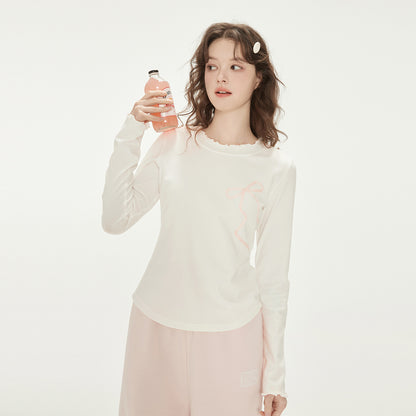 Ribbon Bow Motif Lettuce Edge T-Shirt