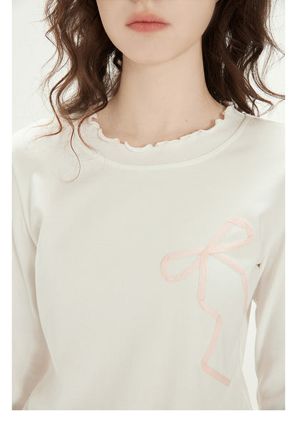 Ribbon Bow Motif Lettuce Edge T-Shirt