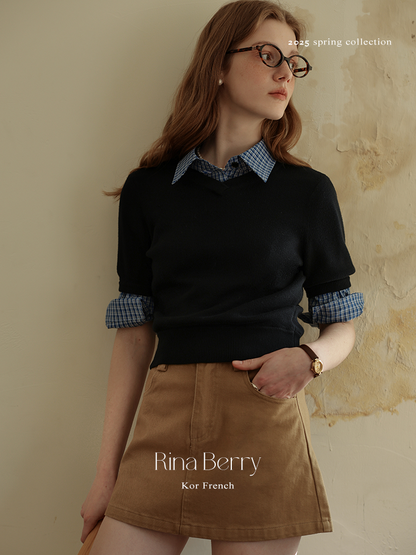 V-Neck Half-Sleeve Cotton Knit Top