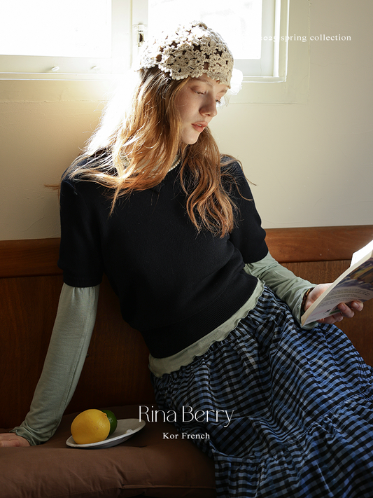 V-Neck Half-Sleeve Cotton Knit Top