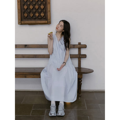 Sleeveless Ruched Cotton Dress With Tie-Neck