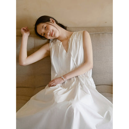 Sleeveless Ruched Cotton Dress With Tie-Neck