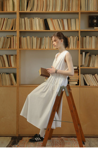 Sleeveless Ruched Cotton Dress With Tie-Neck
