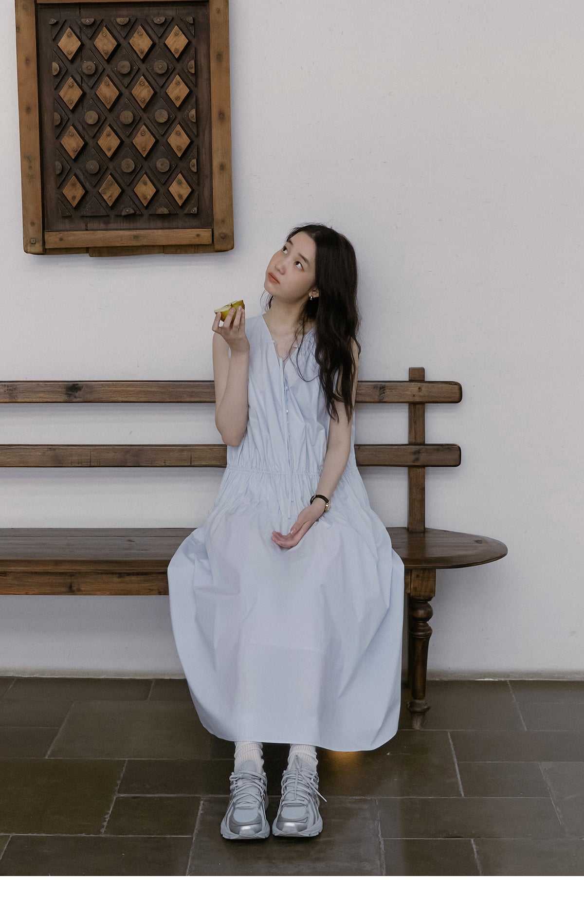 Sleeveless Ruched Cotton Dress With Tie-Neck