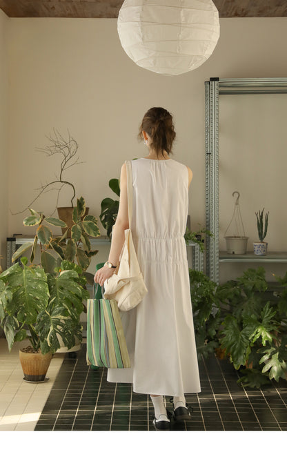 Sleeveless Ruched Cotton Dress With Tie-Neck