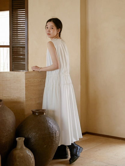 Sleeveless Ruched Cotton Dress With Tie-Neck