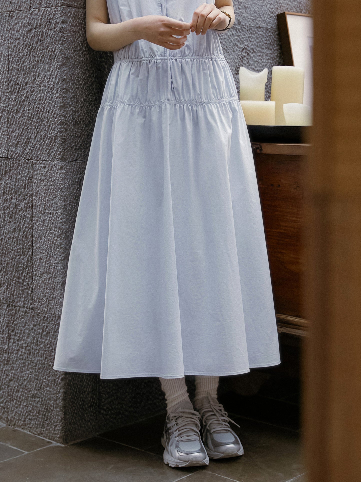Sleeveless Ruched Cotton Dress With Tie-Neck