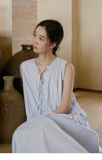 Sleeveless Ruched Cotton Dress With Tie-Neck