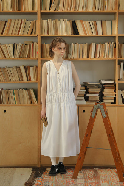 Sleeveless Ruched Cotton Dress With Tie-Neck
