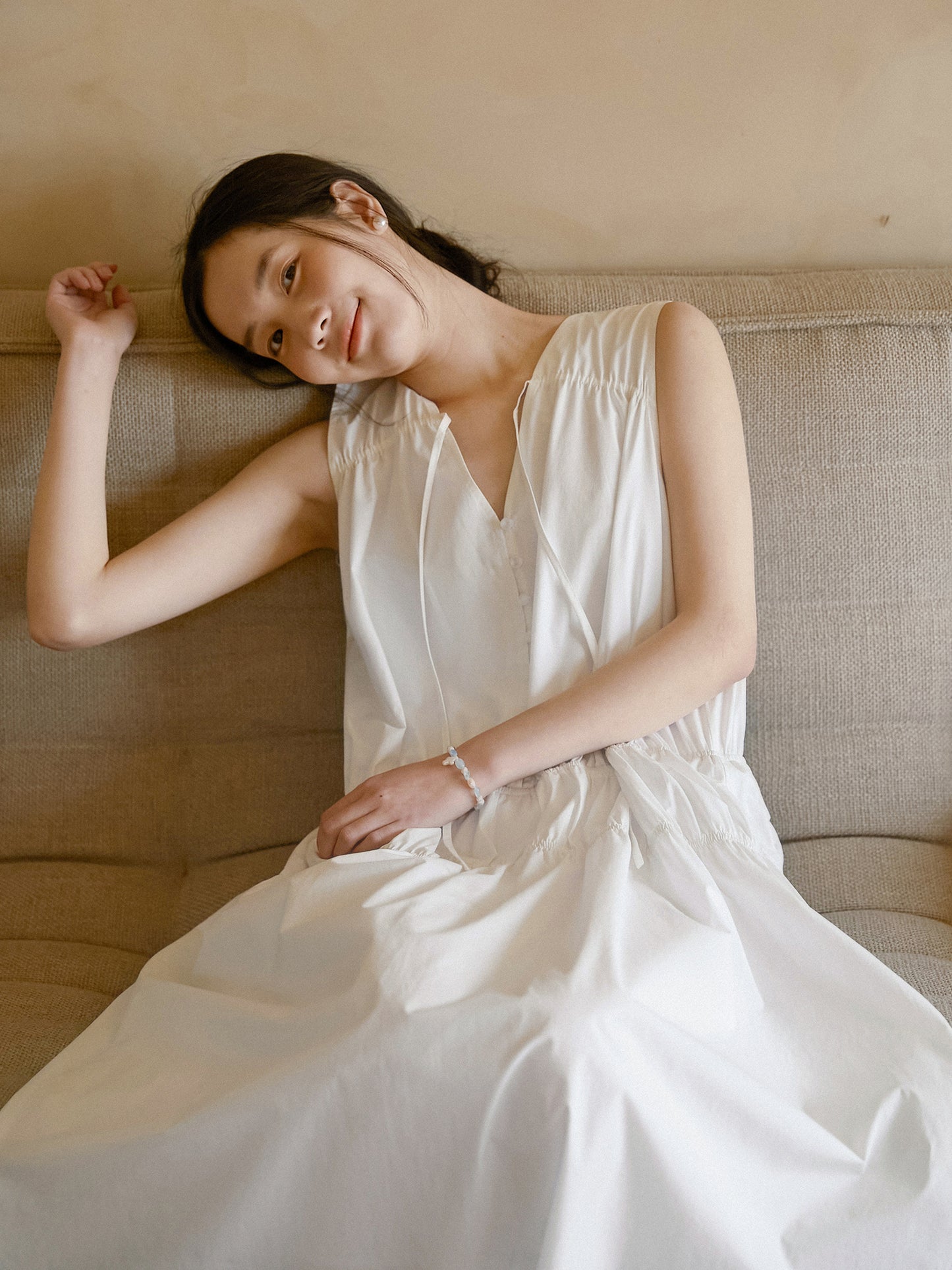 Sleeveless Ruched Cotton Dress With Tie-Neck