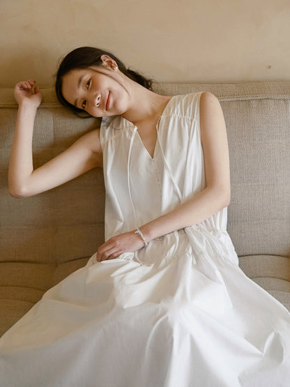 Sleeveless Ruched Cotton Dress With Tie-Neck