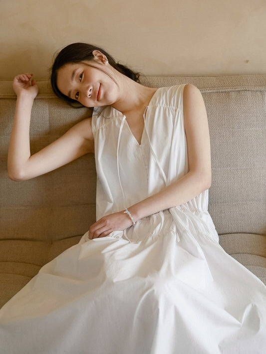 Sleeveless Ruched Cotton Dress With Tie-Neck