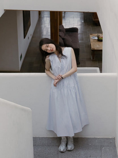 Sleeveless Ruched Cotton Dress With Tie-Neck