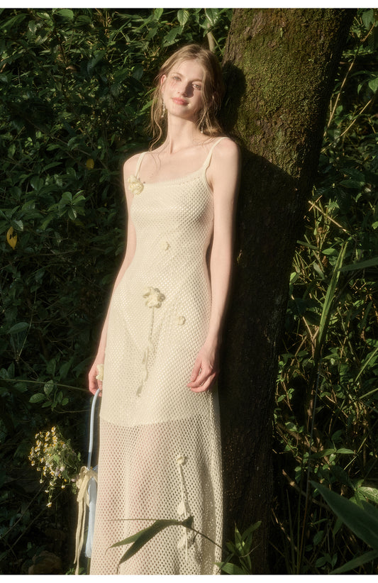 Mesh Knit Strap Dress With Floral Accents