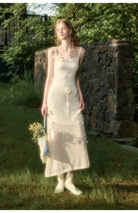 Mesh Knit Strap Dress With Floral Accents