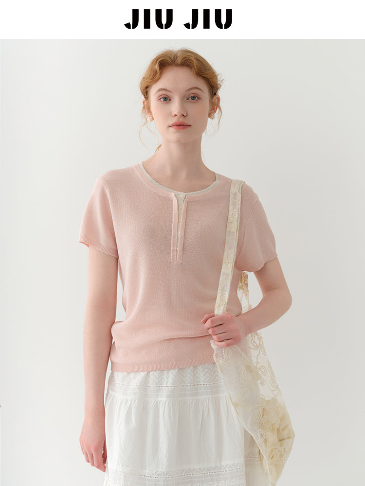 Soft Linen Blend Layered-Look Knit Top