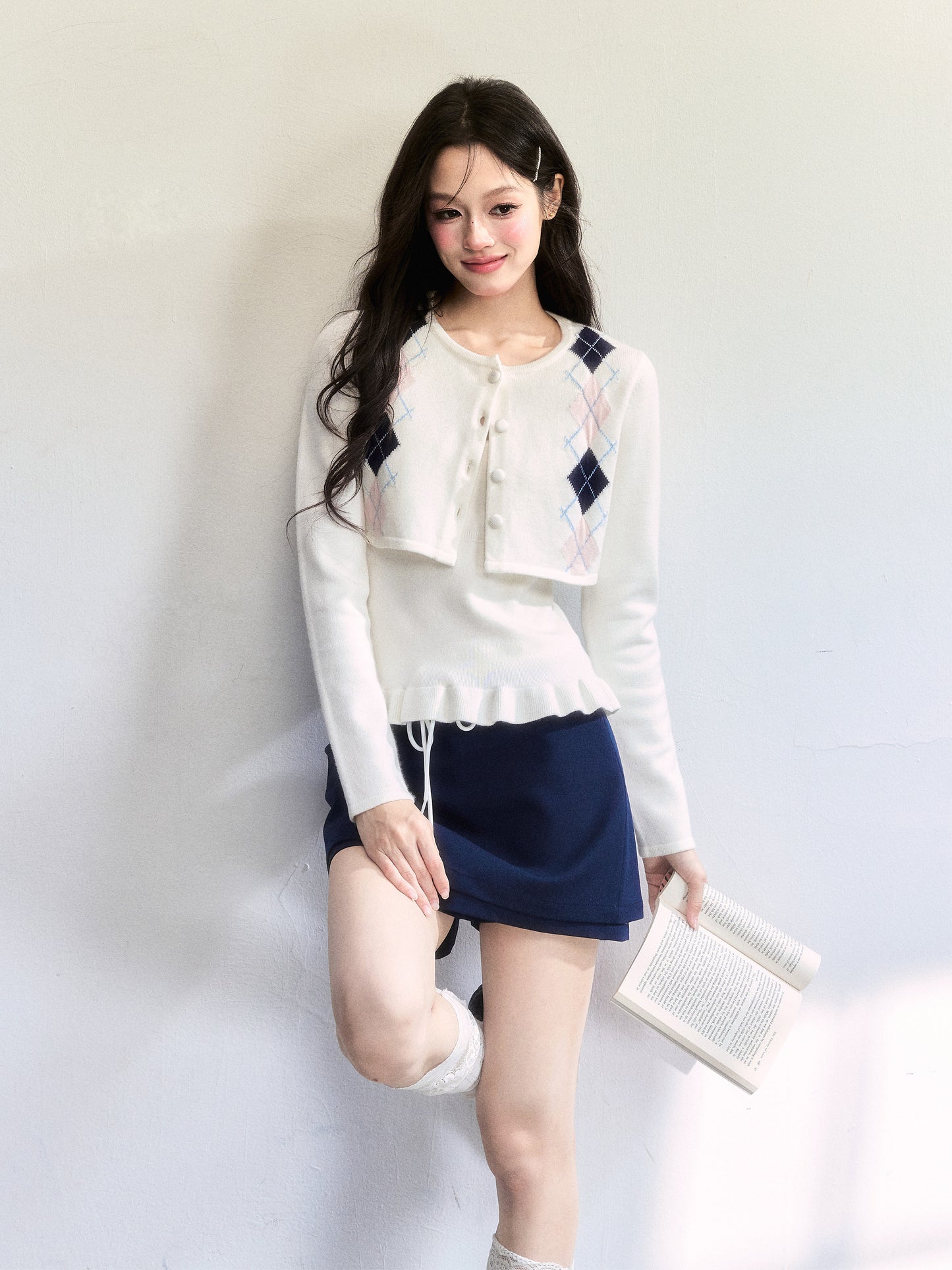 Cropped Slim Fit Argyle Cardigan Set With Camisole
