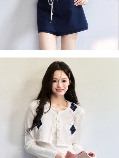 Cropped Slim Fit Argyle Cardigan Set With Camisole