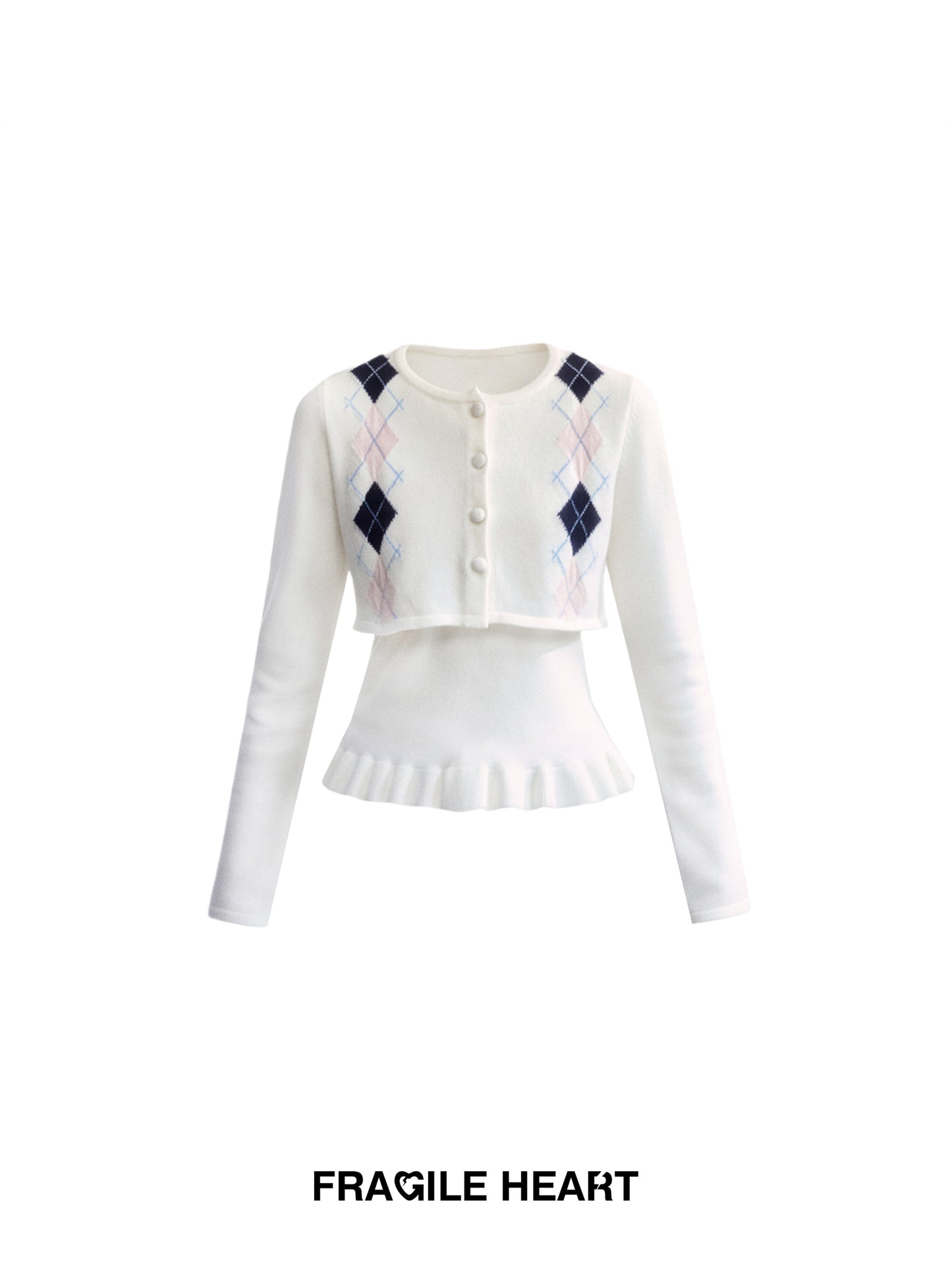 Cropped Slim Fit Argyle Cardigan Set With Camisole